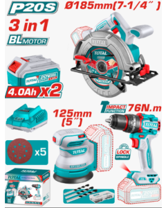 Combo Total 20V Sierra Circular + Taladro + Lijadora ​