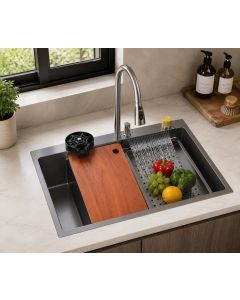 Combo Fregadero +Grifo +Dispensador Jab&oacute;n +Bandeja +Tabla +Lava Copa Sif&oacute;n y Drenaje de Lujo