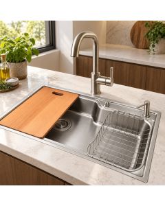 Fregadero Frinox Satinado Tabla, Cesta, Dispensador Jab&oacute;n, Grifer&iacute;a FRD-7545
