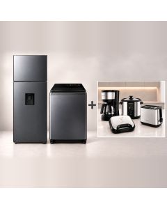 Combo Lavadora Automática Samsung 21 Kg + Refrigeradora Samsung 12 Pies + Cafetera + Sandwichera + Tostadora + Olla Freidora 
